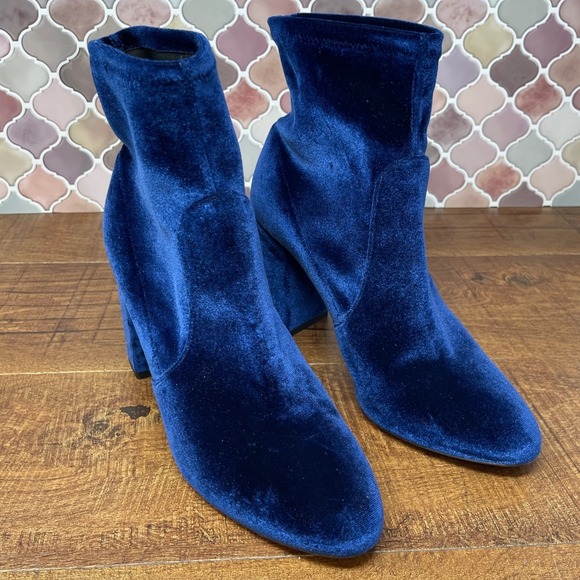 Aquazzura Firenze Velvet Sock Boots - Block Heel - Ankle - Blue - EU 39 US 9 - Picture 1 of 16